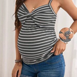 Striped Maternity Tank Top - Grey and White - Breastfeeding Friendly